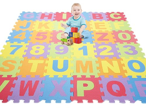 Puzzlematte für Babys und Kinder, 36 Puzzlematte Baby Kinderspielteppich Spielteppich mit Buchstaben A-Z und Zahlen 0-9 Spielmatte rutschfest,36 Stück (26 Buchstaben + 10 Zahlen)