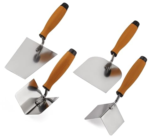 Mivos Lot de 4 truelles d'angle en acier inoxydable 80 x 60 mm - Truelle de stucateur 120 x 128 mm - Truelle trapézoïdale 160 x 75 mm - Truelle de mortier en acier inoxydable - Poignée souple -