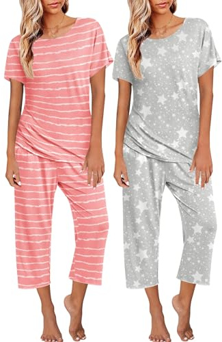 Ekouaer 2 Pack Womens Pajamas Sets Short Sleeve Tops and Capri Pants Pjs Colorful Printed Sleepwear Sets Pink Stripe Grey Stars L