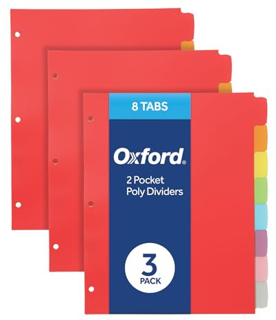 Oxford Poly Binder Dividers, 3 Hole Punch Organizers, Assorted Colors, 8 Tab Write and Erase Organizers, Durable Plastic Dividers for 3 Ring Binder, Pack of 3 Index Dividers (89994)