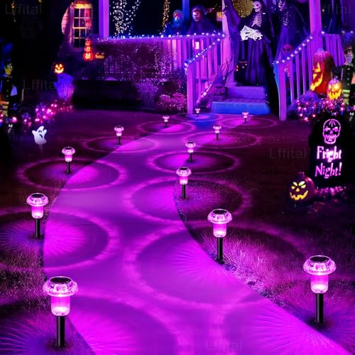 Lffital Halloween Solar Lights Outdoor 8 Pack Mushroom Decor Pink Purple | Auto On/Off Halloween Decorations Solar Pathway Lights Waterproof Yard Lighting for Women Garden Outside Yard Path Landscape
