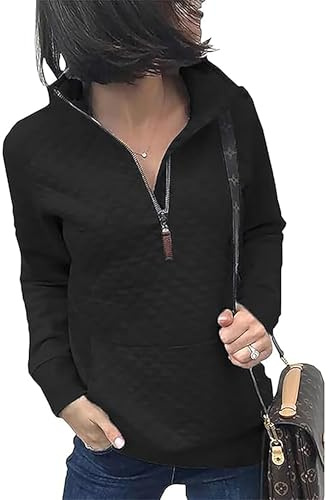 Awemeal Sweatshirt Femme Automne Hiver Mode Fermeture Éclair Pull Haut Couleur Unie Léger Manches Longues Pull Pull Pull Casual Motif Matelassé Pull Pull Blouse Sweater, Noir , M