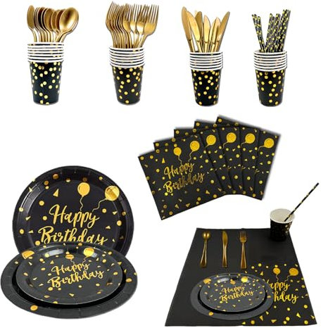 192Pcs Gold Dot Rainbow Birthday Party Tableware Supplies, Pastel Rainbow Plate Cups Napkins Straw Serve 24, Happy Birthday Decorations Forks Spoons Knives (Black)