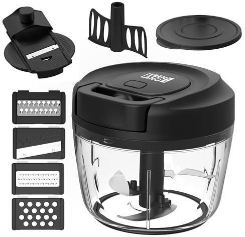 LEBENLANG Manual Food Processor & Onion Chopper - 26 OZ incl. Useful Acessory I BPA-Free I Manual Food Chopper with pull string for garlic & veggie chop I Food mincer vegetable cutter hand pull held