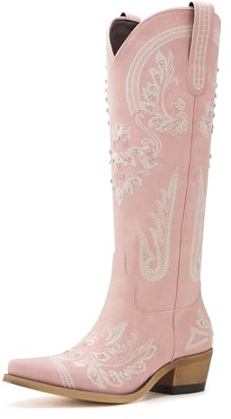 vodvob Western Cowboy Boots for Women Embroidered Rhinestones Knee High Cowgirl Boots Pointed Toe Chunky Heel Fashion Retro Classic Tall Boot