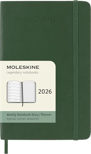Moleskine 12 Monate Wochen Notizkalender 2026, Pocket/A6, 1 Wo = 1 Seite, rechts linierte Seite, Weicher Einband, Myrtengrün