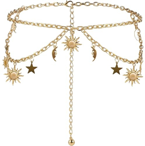 Cinturón dorado, cinturón de cadena dorado de doble capa, cinturón de cadena de metal para mujer, elegante cinturón de cadena con decoración de sol y luna, cadena ajustable para cintura para mujer