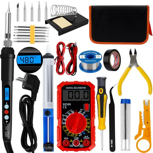 Fer à Souder, Kit de Fer à Souder 60W, Fer à Souder Électrique, Fer à Souder de Précision, Temperature Réglable 180~500℃, 5 Pointes à Souder, Support de Fer à Souder, Pompe à Dessouder, Pince à Épiler