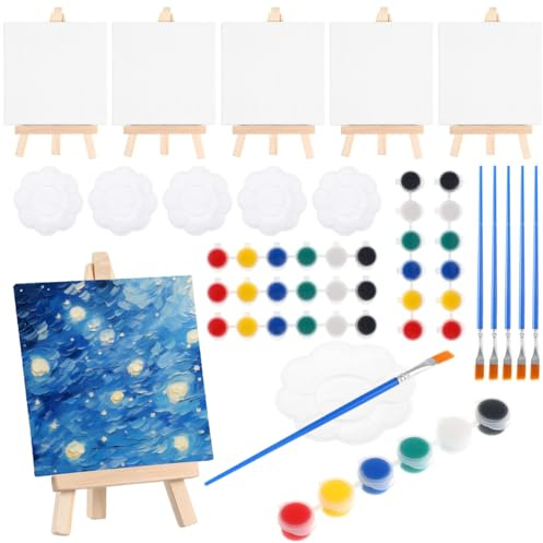 VILLCASE Mini Canvas and Easel Painting Set, 24pcs Painting Canvas Set Includes 4x4 Inches, Wooden Mini Easel, Acrylic Paint, Brushes and Palette for Kids Adults Artists Paint Party