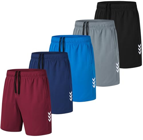 kuzwufs Shorts d'Entraînement Sport Lot De 5 Sport Course Shorts Taille Élastique Été Printemps Jogging Court Pantalon pour Football Noir/Gris/Bleu Marine/Bleu/Rouge-M
