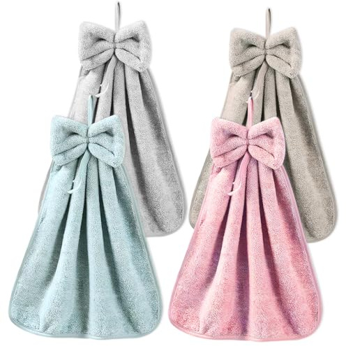 4 asciugamani Bowknot Hanging Hand Dry in microfibra coral Velvet con anello appeso, assorbenti, morbidi e carini, per cucina, bagno, bambini, adulti