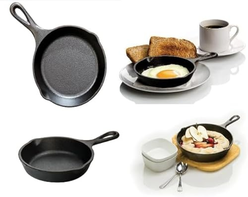Vintage Gourmet® Mini Cast Iron Skillet, 5 Small Frying Pans with Double Drip-Spouts Pre-seasoned Oven Safe Cookware, Camping Indoor Outdoor Cooking, Grill Safe,One Egg,Restaurant Chef Quality 4 PACK