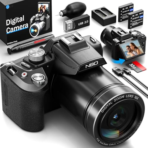 NBD 5K Digitalkamera 64MP mit Autofokus & 16X Zoom, 5K/30fps Video, 3 180° Drehdisplay, WiFi – Leichtes 500g Vlogging Kit inkl. 32GB Karte + 2 Akkus(Schwarz)