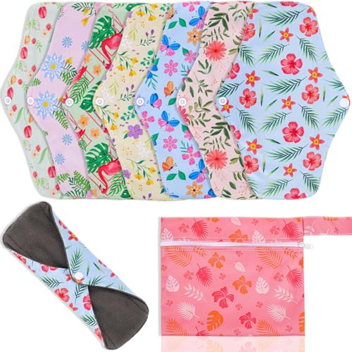 XEPST 7 Pièces Serviettes Hygièniques Réutilisables et Lavables en Bambou, Protège Slip Lavable pour La Nuit pour Les Règles avec 1 étanches Sacs de Rangement