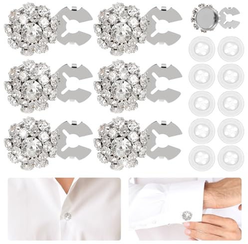 XLIUAX 6 Sets Button Covers for Women Blouses, Rhinestone Covers with 40Pcs 11 mm/0.43” Sewing Buttons, Silver Crystal Detachable Button Decorative Clips Buttons Jewelry for DIY Clothing Jeans