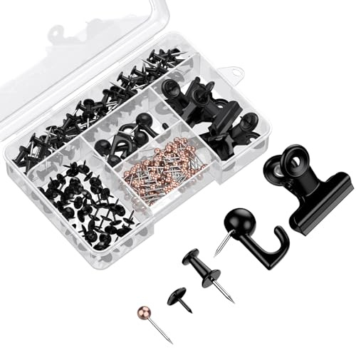 Uniclife 200 PCS Black Push Pins, Black Thumb Tacks for Wall, 5 Style Push Pins for Cork Board & Bulletin Board, Thumbtacks Wall Hooks Set for Pictures Photos Notes Art and Decoration