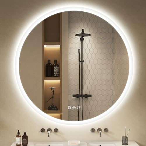 S'bagno Miroir Rond Salle de Bain 100 cm, Miroir Salle de Bain avec Eclairage et Bluetooth, Anti-Buée, 3000K-6500K, Dimmable, Verre trempé HD, IP44 Miroir LED Salle de Bain avec Mémoire