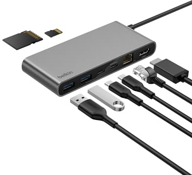 Belkin Connect 8-in-1 USB C Hub, Bildschirmauflösungen bis zu 4K bei 60 Hz – geeignet für Mac-, Windows- und Chromebook-Laptops; 100 W PD; Datentransfer mit 10 Gbit/s; 2,5-Gbit/s Ethernet – Grau