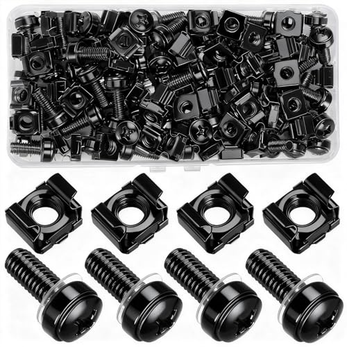 110 Pcs/55 Set Rack Mount Cage Nuts and Screws Kit, M6x20mm Server Rack Screws and Cage Nuts, Mount Server Cabinets Bolts and Washers for Audio Shelves Cabinets (Black)