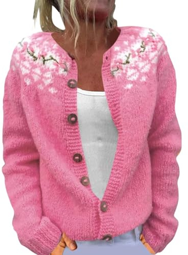Generisch Cardigan norvégien pour femme - Pull Fair Isle Cardigan - Tenue de Noël - Pull en tricot épais - Manteau de Noël - Jacquard Ugly Christmas Sweater pour les jours froids, Rose, 5XL