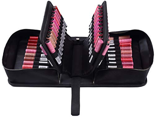 ROWNYEON Lipstick Organiser Bag Travel Portable Lipstick Case Holder with Carrying Handle Large CapacityMakeup Artist Lip Gloss Organizer Storage Cosmetic Bags (67 Slot Black)