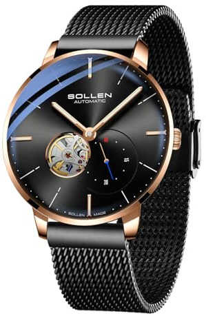 SOLLEN Black Skeleton Watches for Men, Stylish Minimalist Automatic Watch with Luminous Hands & Seconds Subdial, 30M Waterproof, Casual Formal Luxury Mechanical Self-Winding Wrist Watches - 42mm