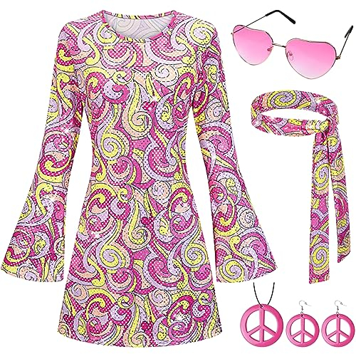 Ulikey Hippie Kostüm Damen Set, 60er 70er Kleid Hippie Kleidung Frauen Mädchen Disco Kleider mit Pailletten, Mode Abba Outfit mit 60er Jahre Kostüm Zubehör, Bekleidung Damen für Karneval Party (L)