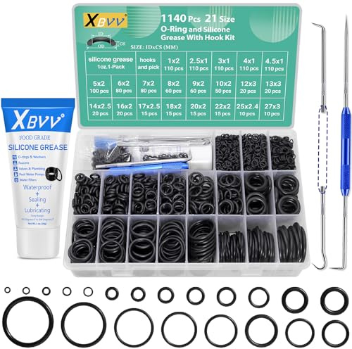 XBVV 1140 Pcs O Ring Sortiment und 1oz Silikonfett Kit für Klempner Wasserhahn Druck Waschmaschine Dichtung Reparatur, Sanitär-Gummi-O-Ringe Schmiermittel, 21 Größe
