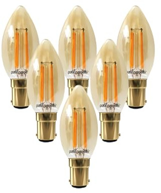 paul russells LED Filament Candle – Dimmable Small Bayonet Cap B15 Light Bulbs, 4.5Watt 423LM C35 Bulbs, 40w Equivalent, 2200K Extra Warm White Dimmer SBC Energy Saving Chandelier Lamps, 6 Pack