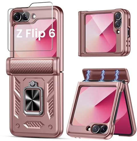 Lanhiem Coque pour Samsung Galaxy Z Flip 7 FE, Coque pour Samsung Galaxy Z Flip 6/5 avec Avant Protection Écran et Charnière, Anneau Support Renforcée Etui, Antichoc Étui de Militaire Protection, Rose