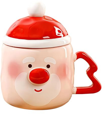 PLUSHCEWT Taza de Café de Navidad, Tazas de té de Cerámica de Mango m de Estilo Navideño de Dibujos Animados, Encantadoras Tazas Navideñas con Tapa y Cuchara, 380 ml (A)