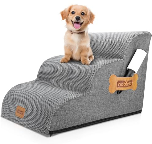 Nobleza Escalier pour Chien, Rampe pour Chien, Escalier Chien pour Chiens et Chats à Grimper Canapé et Lit, 3 Marches Antidérapant avec Rouleau Anti-Peluche