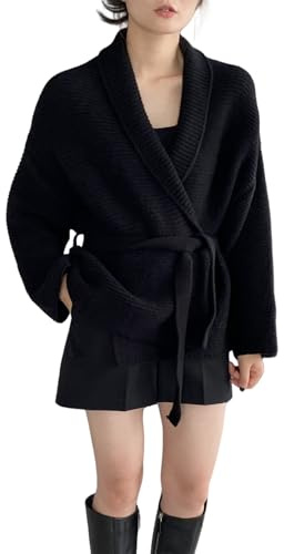 Maglione da donna con cintura arricciata in vita, cardigan casual da donna, cardigan avvolgente, Nero , Taglia unica