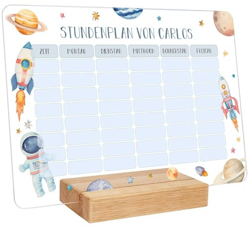 GRAVURZEILE Personalisierter Stundenplan - Astronaut mit Namen - Abwischbarer Wochenplaner für Kinder inkl. Stift - Geschenk für die Schultüte zum Schulanfang Einschulung - Farbe: Astronaut