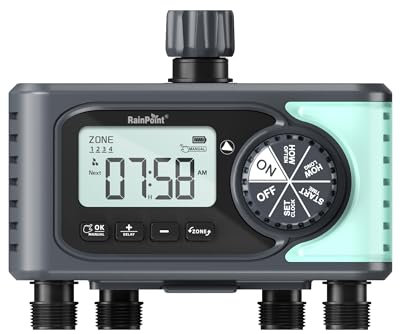 RAINPOINT Bewässerungscomputer 4 Ausgänge, Wasserzeitschaltuhr mit Regenverzögerung/Manueller Bewässerung, Automatische Bewässerung für Rasen und Garten