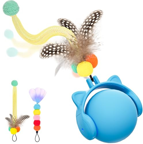 GoldenSun Jouet pour Chat, Balle Roulante Électrique avec Queue en Plumes pour Chats d'Intérieur, Jouet Rebondissant et Gazouillant Activé par Le Mouvement, Rechargeable par USB, Bleu