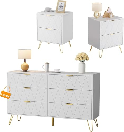 Anbuy Bedroom Sets White Sets 3 Piece, Night Stand Sets and 6 Drawer Dresser for Bedroom, Two Drawers Nightstand Set of 2 & 6 Drawer Dresser Combo 3 Pieces (White)