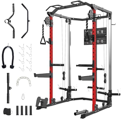 KOKEBREN Power Cage, 2000 LBS Squat Rack with Cable Crossover System, Multifunctional Weight Cage with LAT Pulldown, Workout Cage with Adjustable Safety Bars for Home Gym, Red