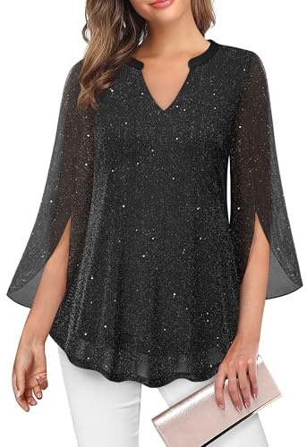 VALOLIA Sequin Shirts for Women: 3/4 Bell Sleeve Sparkly Glitter Evening Blouses - Dressy Tops for Women Night Out - Black Blouses for Womens Dressy Casual Plus Size Holiday Tunic Shirts XXL