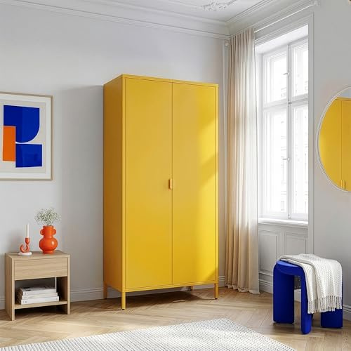 [en.casa] Armadio Guardaroba a 2 Ante e 2 Barre Aste Appendiabiti Armadio in Acciaio con Vano Portabiti e 4 Ripiani Regolabili per Camera da Letto Ingresso 170 x 80 x 45 cm - Giallo