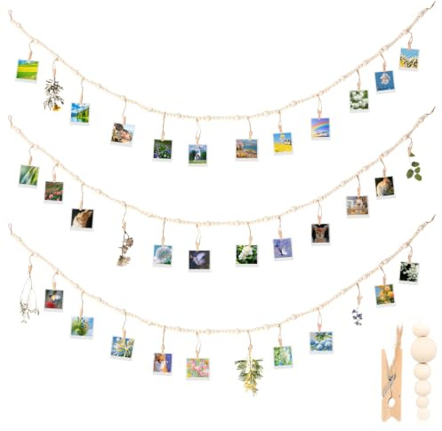 Deuson 3 stycken fotokoppel med klämmor, boho fotodisplay träpärlor väggdekoration (210 cm + 12 klämmor)