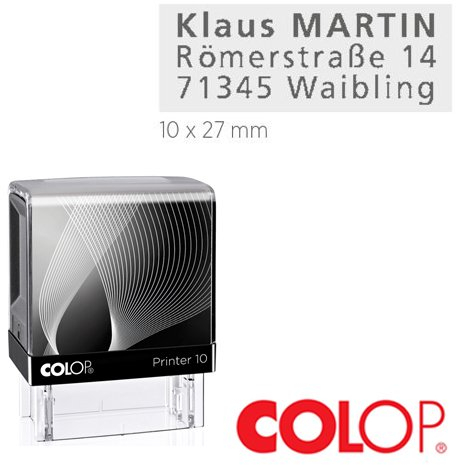 Stempel Colop Printer IQ 10 | personalisierbar mit individueller Textplatte/Logo | Textstempel Adressstempel Firmenstempel Namensstempel | Rahmenfarbe weiß oder schwarz | 10 x 27 mm - 3 Zeilen