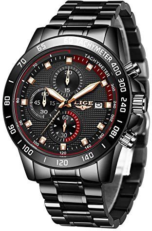 LIGE Montre Homme Chronographe Sport Étanche Acier Inoxydable d'affaires Mouvement Analogique à Quartz Noir Montres Bracelet pour Homme…