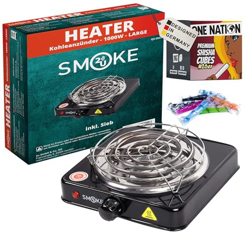 Smoke2u Hotplate Noir | Allume-charbon électrique pour chicha avec grille à charbon | Chauffage 1000 W | Spirale chauffante en acier inoxydable | (+ 8 Kg de Charbon)