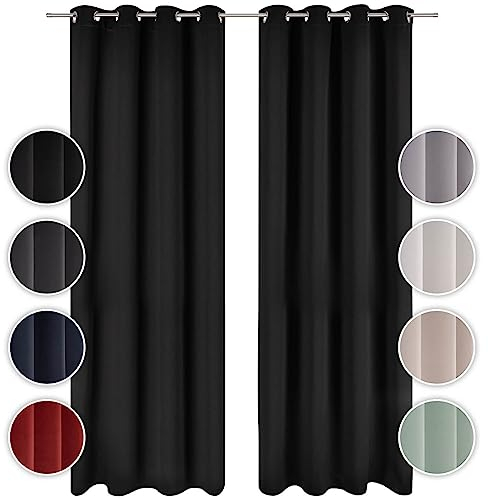 Blumtal Verdunklungsvorhänge 2er Set - Thermovorhang Hitzeschutz - Vorhang Blickdicht mit Ösen - Gardinenschals mit Schlaufen - Gardinen 245x140 cm - Vorhangschals 2er Set - Wärmevorhang - Schwarz