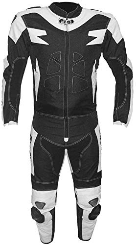 BI ESSE Traje de moto para adulto de piel y tejido, divisible en 2 piezas, chaqueta y pantalón, ajustable, con protecciones CE (negro/blanco, S)