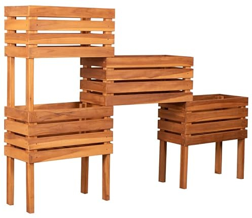 Hochbeet Dundee Teak - 4 Pflanzkästen 3 Etagen Blumentreppe für Garten Terrasse Balkon rechteckig Vollholz Kräuter Blumen Indoor Outdoor