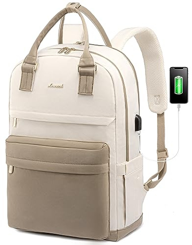 LOVEVOOK Laptop Backpack Womens, 17 Inch School Bags for Girls Travel Rucksack with USB Port Waterproof Back Pack for Work Business College School, Khaki Beige