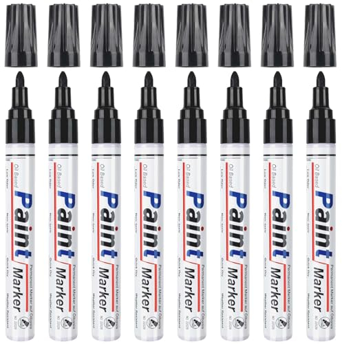 Permanentmarker - 8 Schwarz Glasstifte Wasserfeste Stifte Schnell Trocknender Lackstifte Wasserfester Permanent Marker zum Steine Bemalen für Karton,Plastik, Holz, Metall, Keramik Glass, Reifen