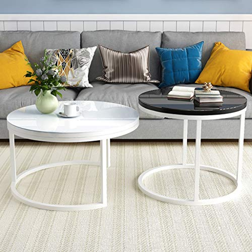 MIQXUAN Coffee Table Modern Round Pedestal Tables Nesting Tables for Home and Office, Living Rooms, Lobby, Reception, Tempered Glass Metal Frame, Small (Black) + Large (White)